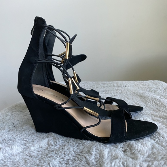 Forever Black Suede Wedges with Gold Accents - Picture 10 of 12